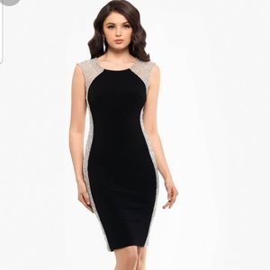 XSCAPE Beaded Embellished Black Body Con Dress